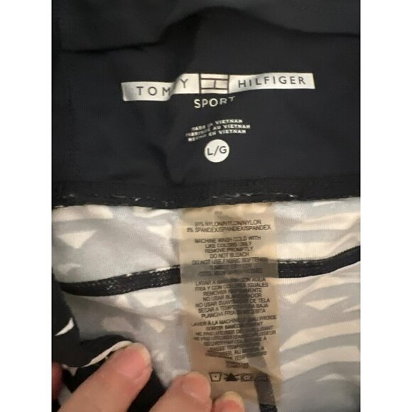 Tommy Hilfinger Sport Sz L Nylon Spandex Striped Floral Black White Pink Legging - Picture 8 of 8